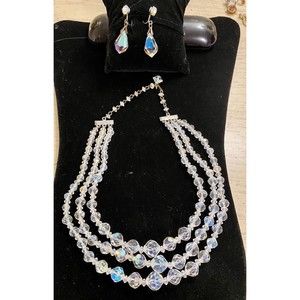 ❌sold❌Vintage Aurora Borealis Set AB Crystal Necklace StrandsScrew Back Earrings